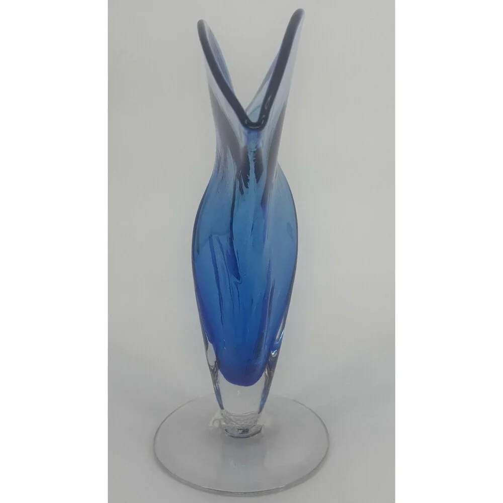 Vintage Blenko Blue & Clear Base Art Fan Glass Vase Hand Blown #872